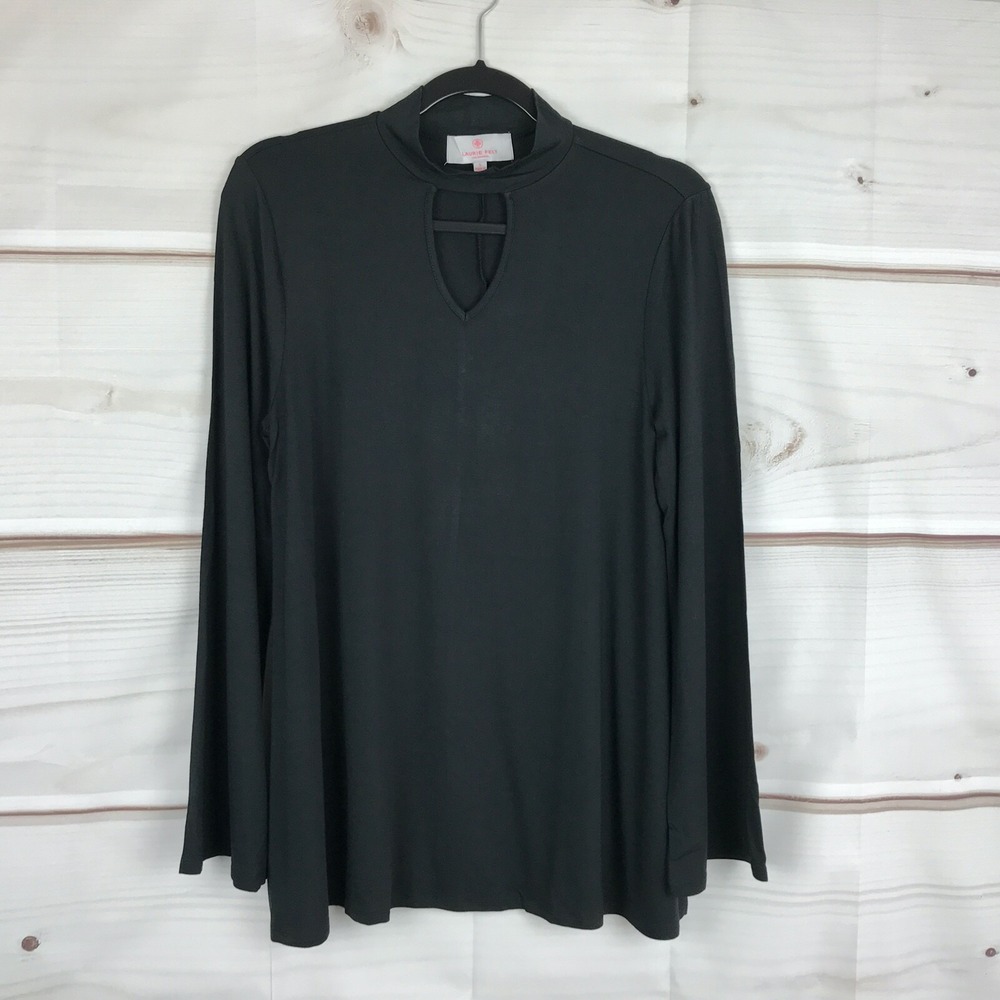 Laurie Felt Top Womens S Black Choker Neck Knit Blouse Bell Sleeve Solid Tunic